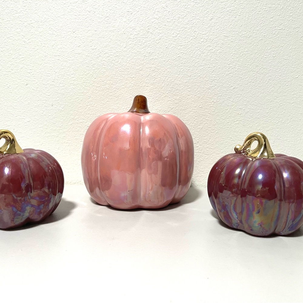 Iridescent pink purple ceramic pumpkin decor